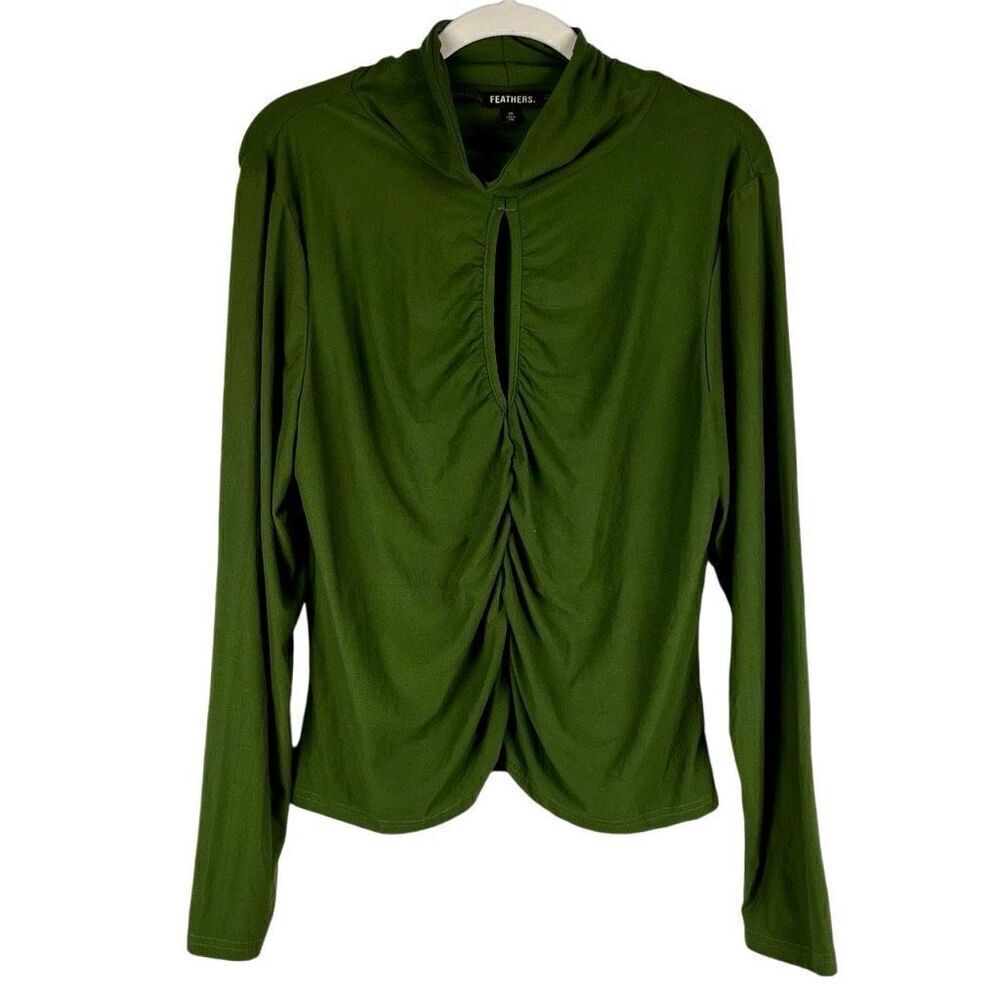 Feathers Green Ruched Key Hole Long Sleeve Blouse 2X